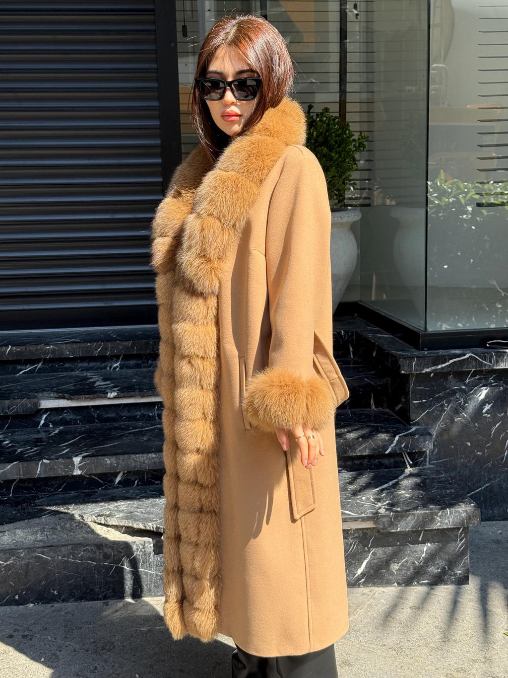 Camel Long Cashmere Front&Cuffs Fox Fur Coat, Women Fox Fur Jacket. - Camel Fox Fur Jacket -Fox Fur Jacket