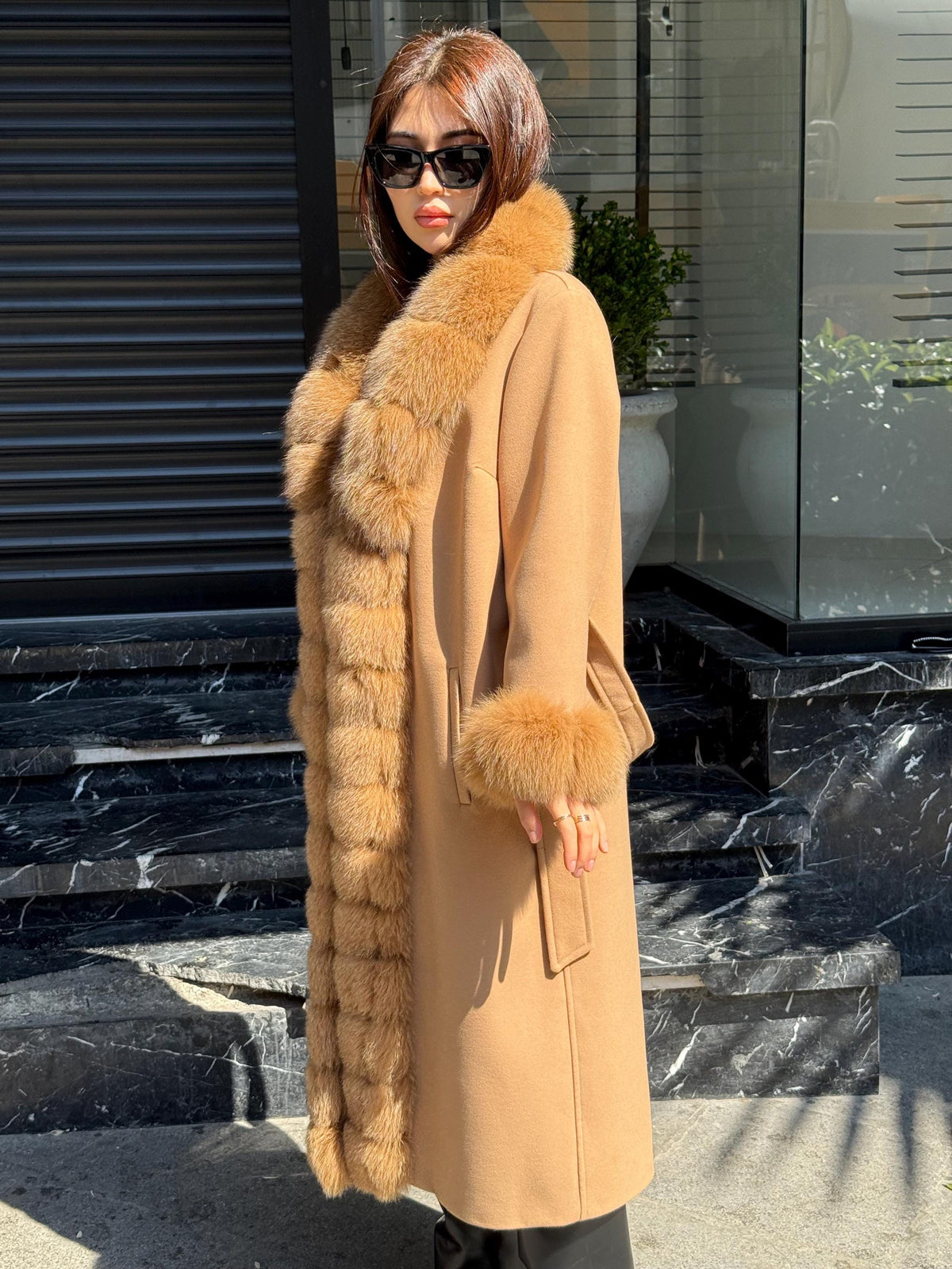 Camel Long Cashmere Front&Cuffs Fox Fur Coat, Women Fox Fur Jacket. - Camel Fox Fur Jacket -Fox Fur Jacket