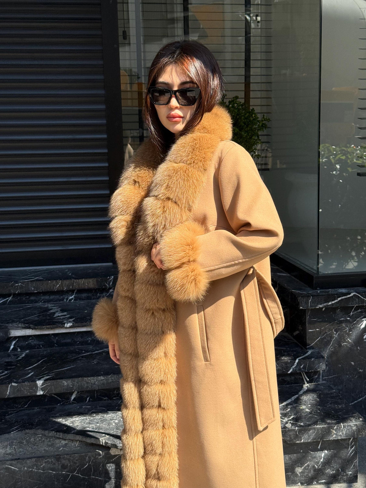 Camel Long Cashmere Front&Cuffs Fox Fur Coat, Women Fox Fur Jacket. - Camel Fox Fur Jacket -Fox Fur Jacket