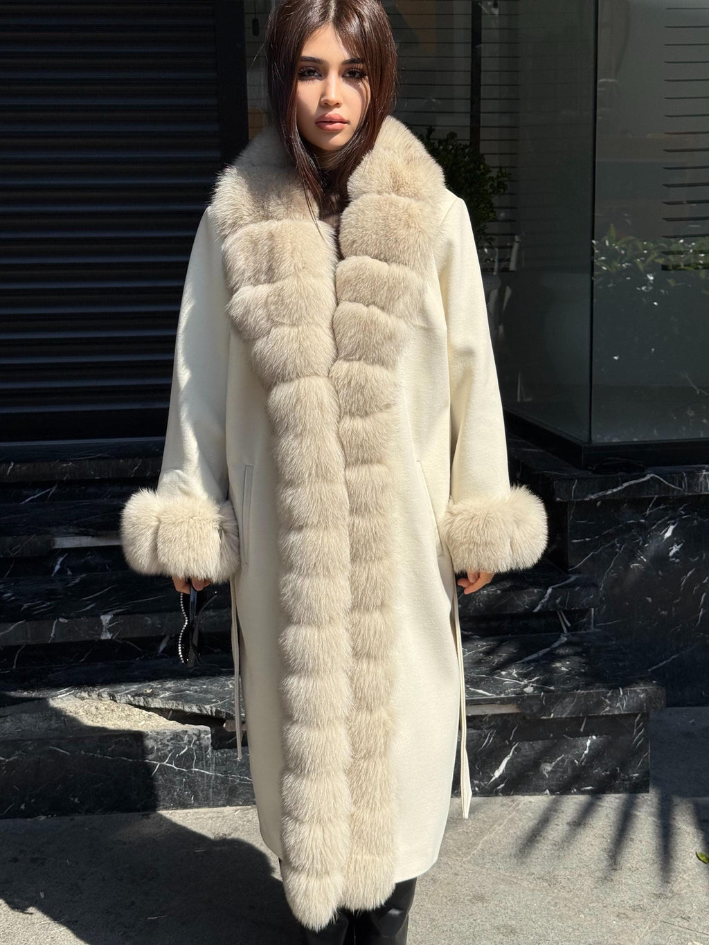 Cream Handmade Luxury Women Cashmere Front Fox Fur Coat | All Colours Available | Long Belted Cashmere Coat For Women with Fox Fur