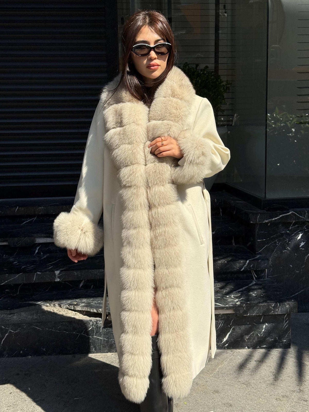 Cream Handmade Luxury Women Cashmere Front Fox Fur Coat | All Colours Available | Long Belted Cashmere Coat For Women with Fox Fur