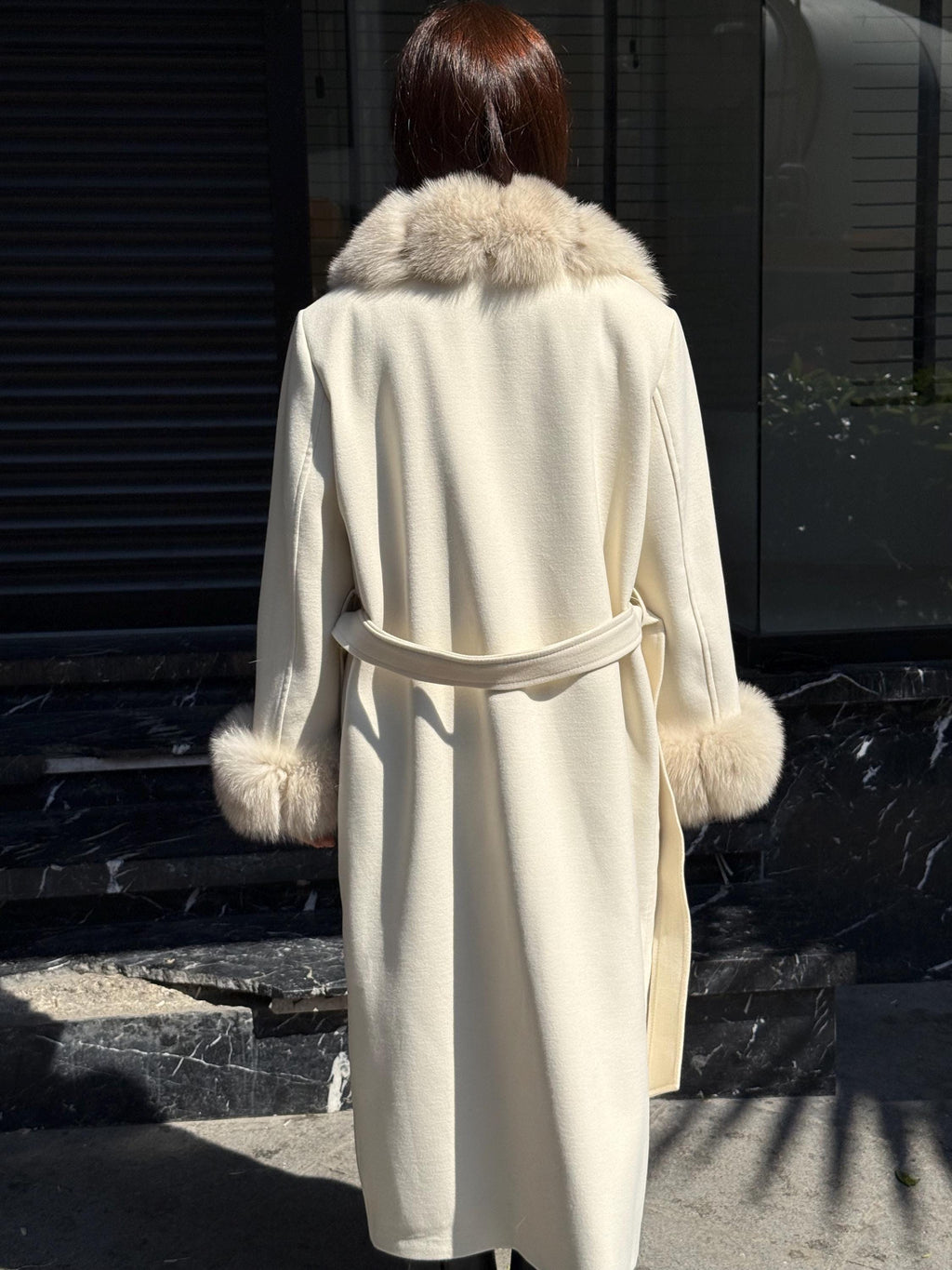 Cream Handmade Luxury Women Cashmere Front Fox Fur Coat | All Colours Available | Long Belted Cashmere Coat For Women with Fox Fur