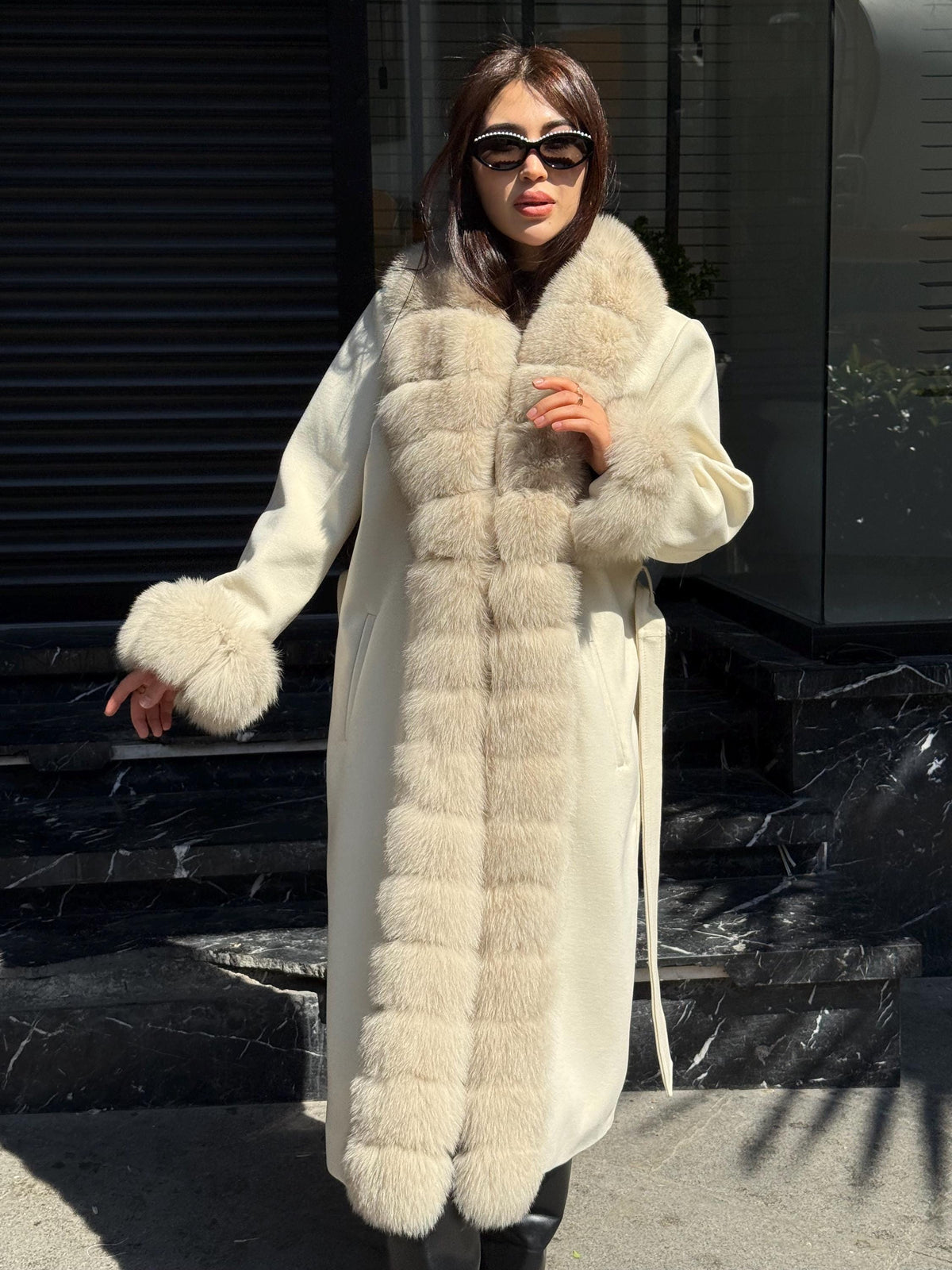 Cream Handmade Luxury Women Cashmere Front Fox Fur Coat | All Colours Available | Long Belted Cashmere Coat For Women with Fox Fur