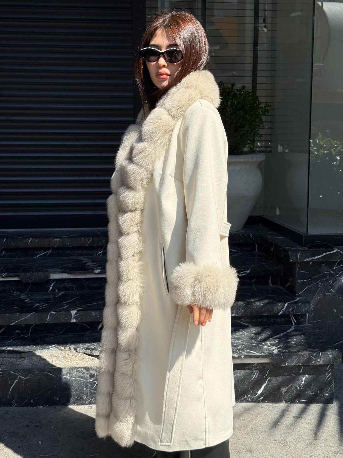 Cream Handmade Luxury Women Cashmere Front Fox Fur Coat | All Colours Available | Long Belted Cashmere Coat For Women with Fox Fur