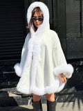 White Handmade Cashmere Cape with Real Fox Fur and Hood – Luxury Women’s Winter Wrap, Elegant Wool Shawl, Soft Designer Cloak