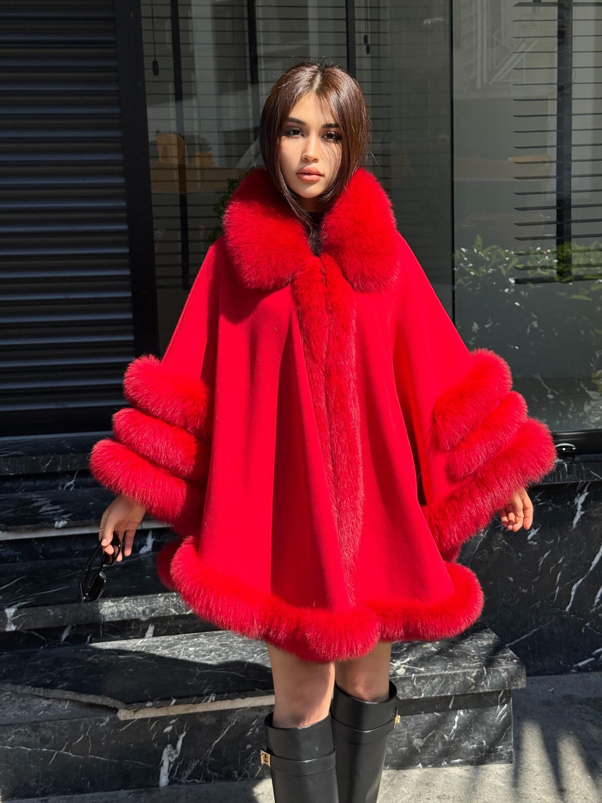 Red Wool Cashmere Cape Coat with Fox Fur Trim, Women Fox Fur Jacket..- Red Fox Fur Jacket.. Fox Fur Cape— Fox Fur
