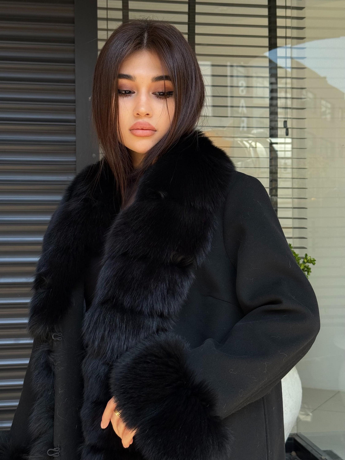 Black Cashmere Wool Blend Coat - Front Cuffs Fox Fur Coat - Women Fox Fur Jacket- Black Fox Fur Jacket