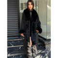Black Cashmere Wool Blend Coat - Front Cuffs Fox Fur Coat - Women Fox Fur Jacket- Black Fox Fur Jacket