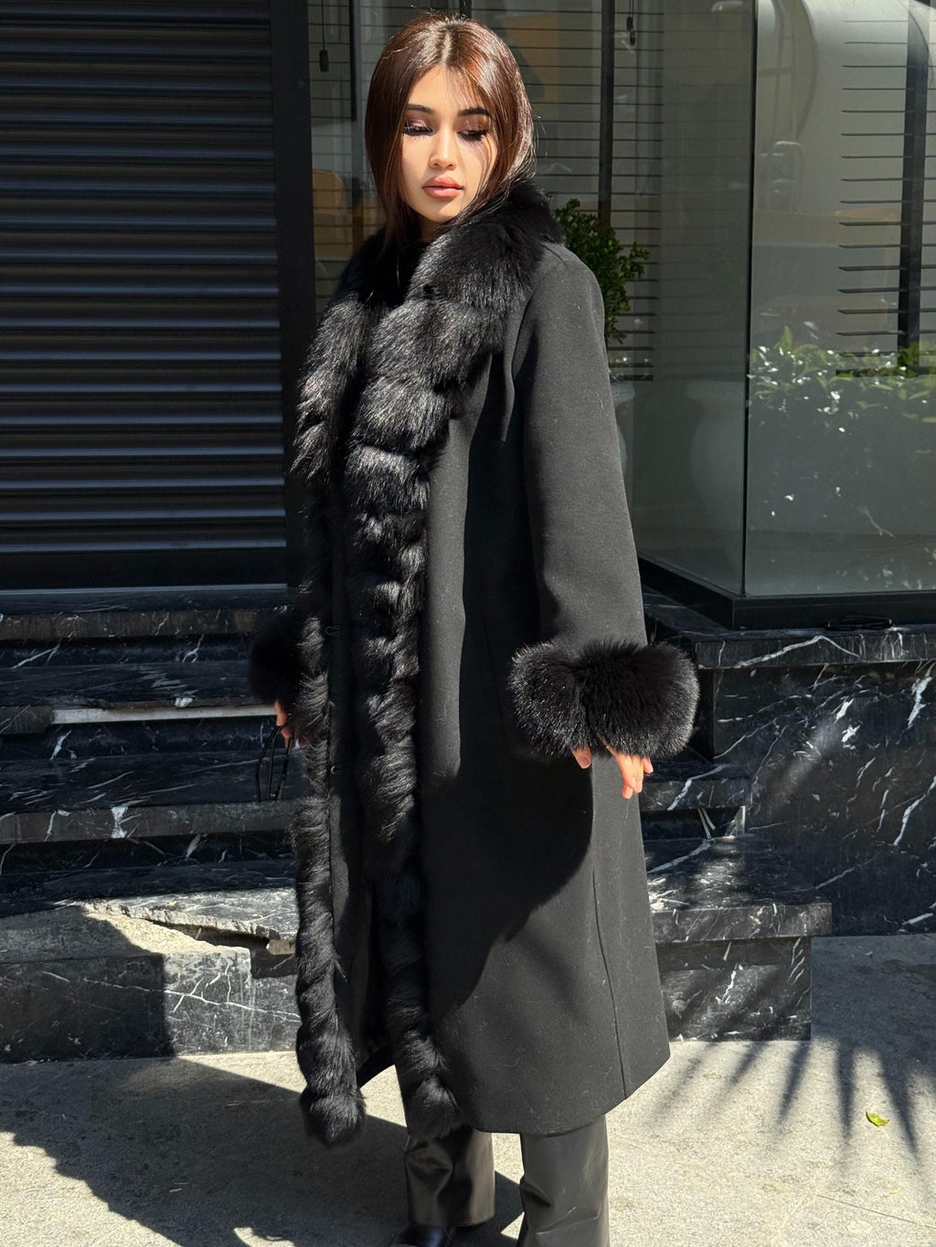 Black Cashmere Wool Blend Coat - Front Cuffs Fox Fur Coat - Women Fox Fur Jacket- Black Fox Fur Jacket