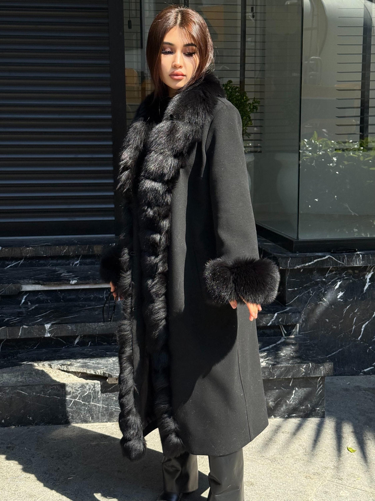 Black Cashmere Wool Blend Coat - Front Cuffs Fox Fur Coat - Women Fox Fur Jacket- Black Fox Fur Jacket