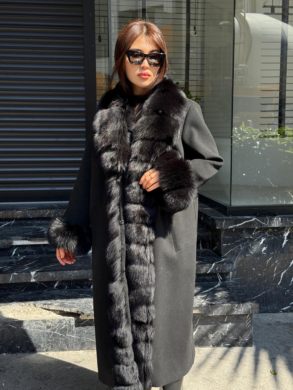 Black Cashmere Wool Blend Coat - Front Cuffs Fox Fur Coat - Women Fox Fur Jacket- Black Fox Fur Jacket