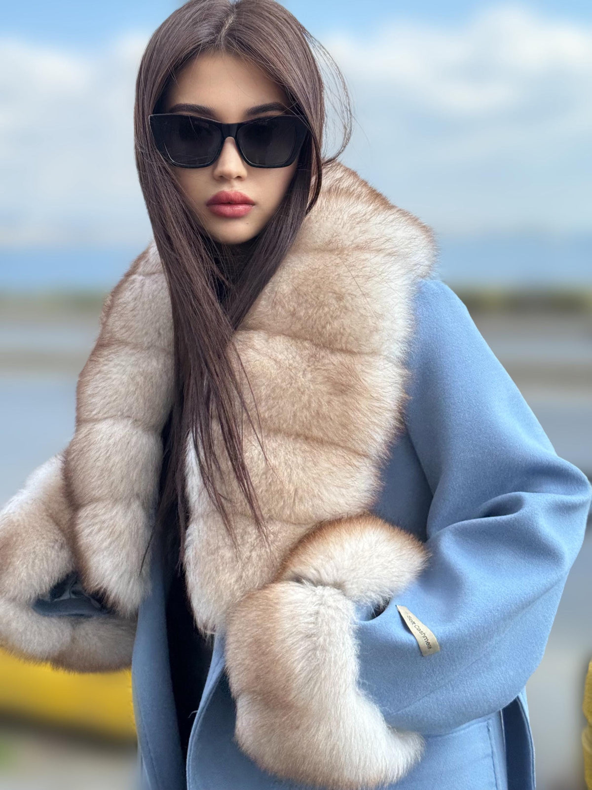 Sky Blue Luxury Cashmere Coat With Fox Fur Trim | Collar Cuffs Fox Fur Coat | Plus Size Long Belted Wool Coat For Women, Fox Fur Coat