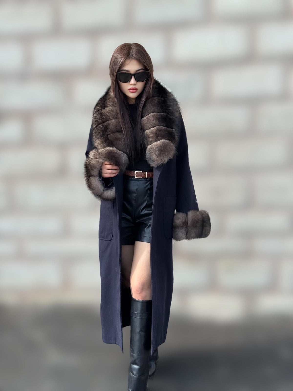 Navy Blue Cashmere Coat With Fur Trim | Handmade Long Collar & Cuffs Fox Fur Jacket