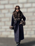 Navy Blue Cashmere Coat With Fur Trim | Handmade Long Collar & Cuffs Fox Fur Jacket