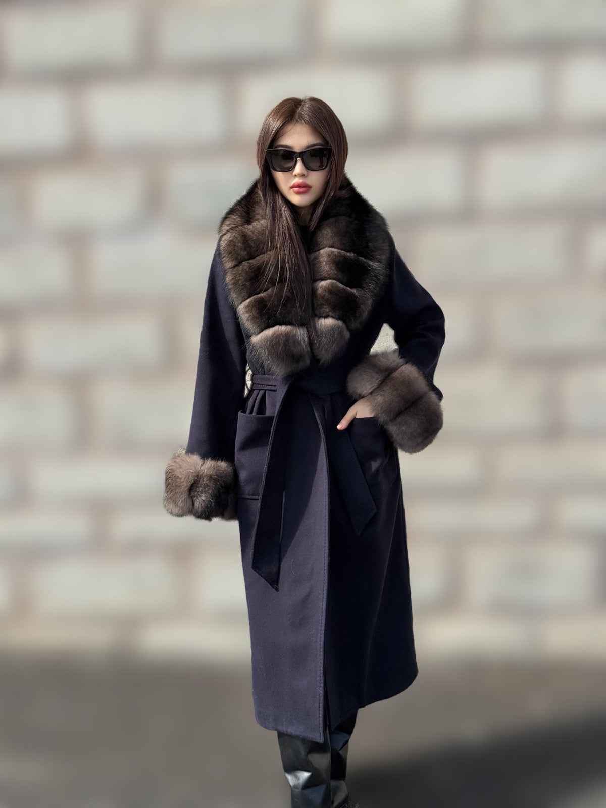 Navy Blue Cashmere Coat With Fur Trim | Handmade Long Collar & Cuffs Fox Fur Jacket