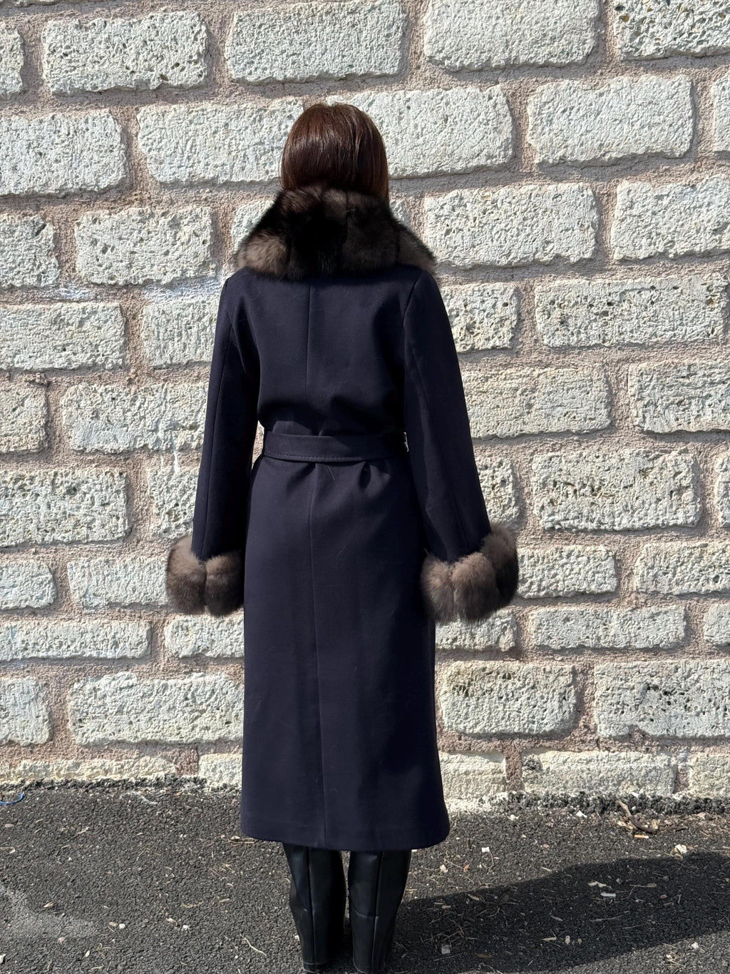 Navy Blue Cashmere Coat With Fur Trim | Handmade Long Collar & Cuffs Fox Fur Jacket