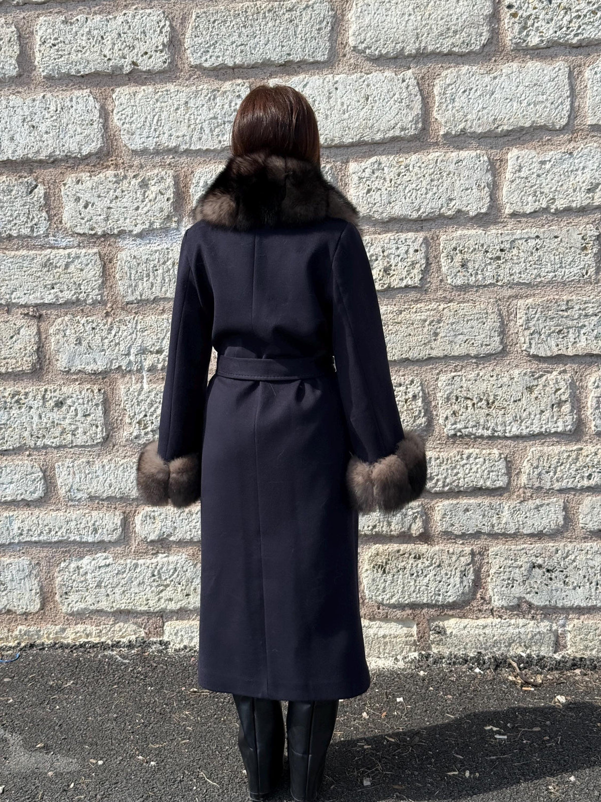 Navy Blue Cashmere Coat With Fur Trim | Handmade Long Collar & Cuffs Fox Fur Jacket