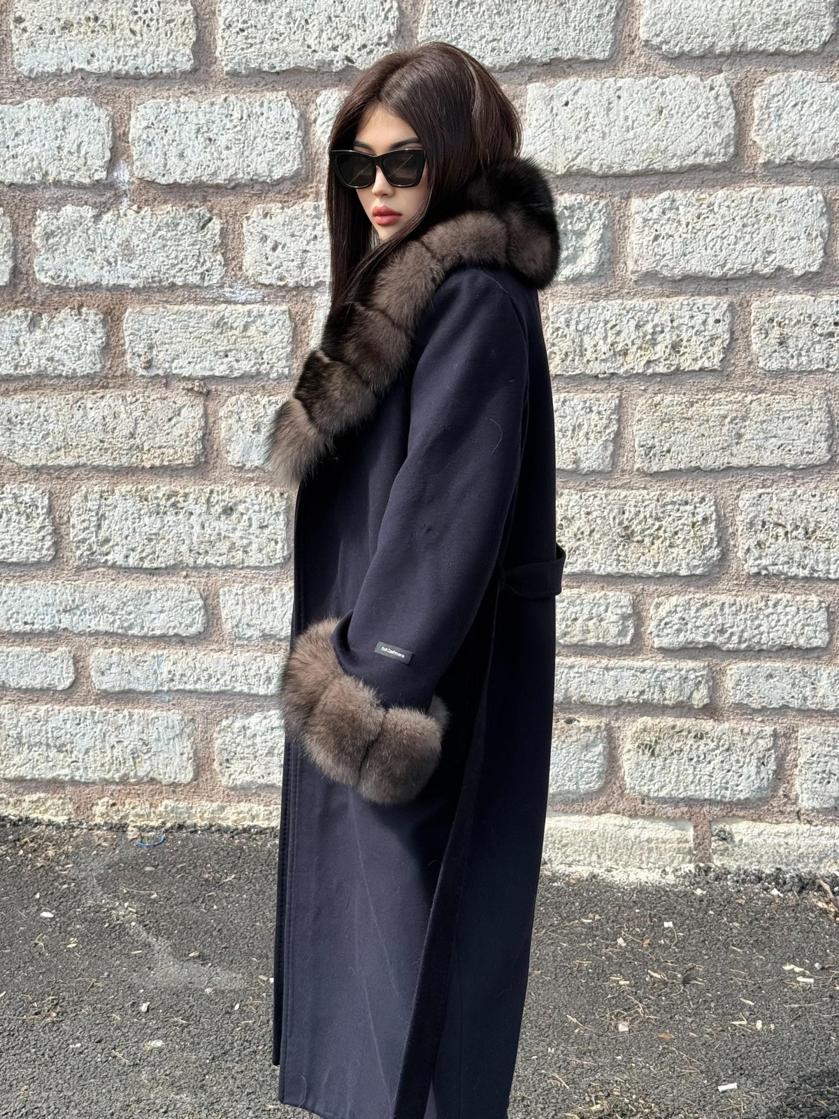 Navy Blue Cashmere Coat With Fur Trim | Handmade Long Collar & Cuffs Fox Fur Jacket