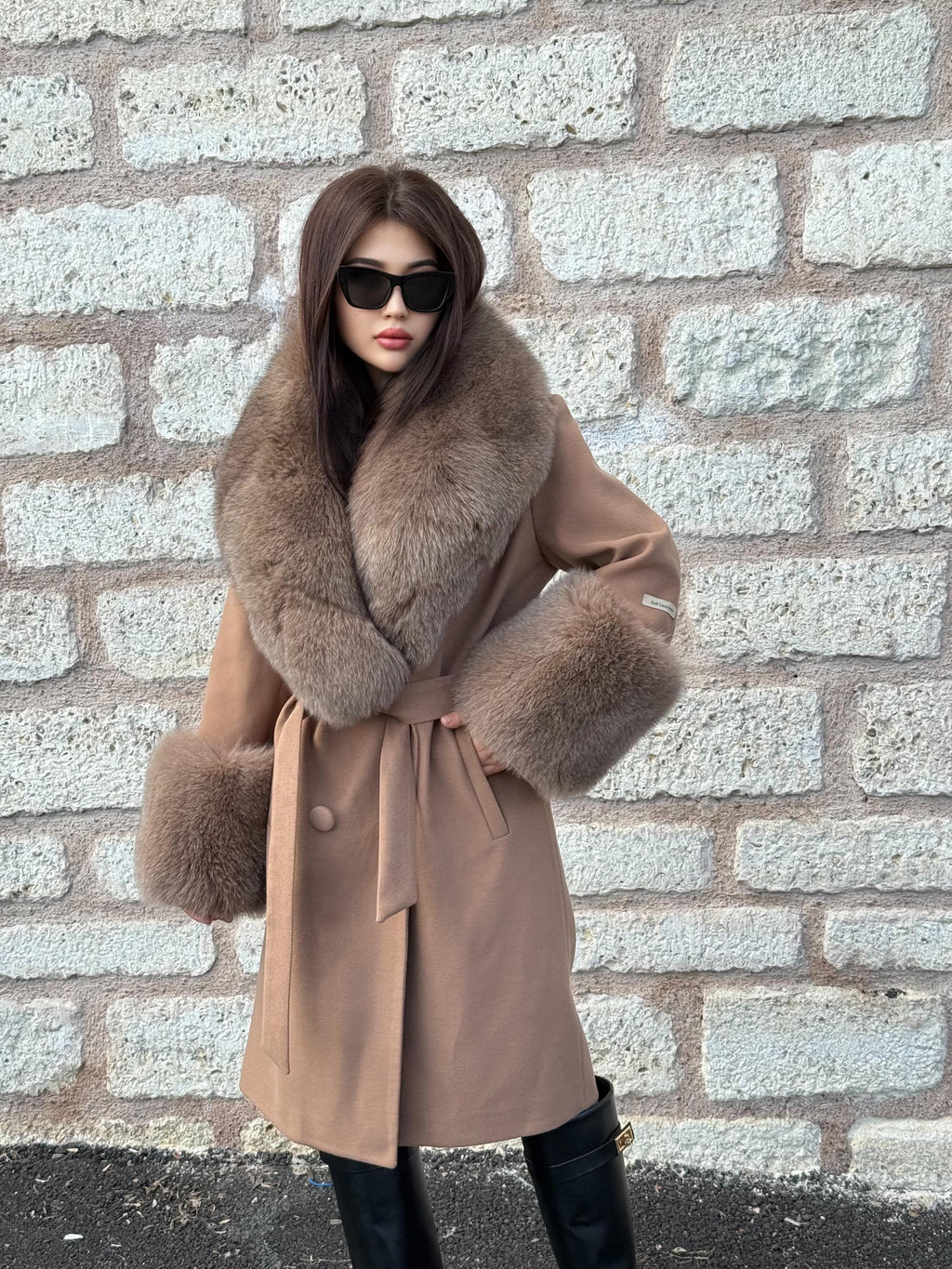Camel Long Cashmere Collar&Cuffs Huge Fox Fur Coat, Women Fox Fur Jacket. - Camel Fox Fur Jacket -Fox Fur Jacket