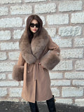 Camel Long Cashmere Collar&Cuffs Huge Fox Fur Coat, Women Fox Fur Jacket. - Camel Fox Fur Jacket -Fox Fur Jacket
