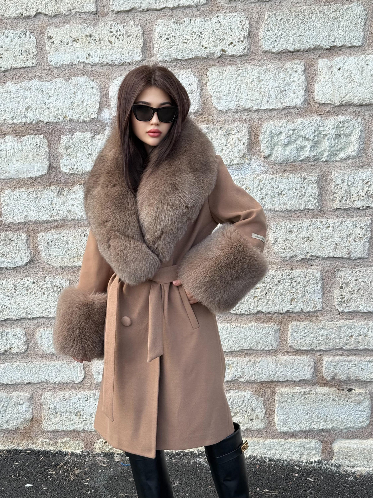Camel Long Cashmere Collar&Cuffs Huge Fox Fur Coat, Women Fox Fur Jacket. - Camel Fox Fur Jacket -Fox Fur Jacket