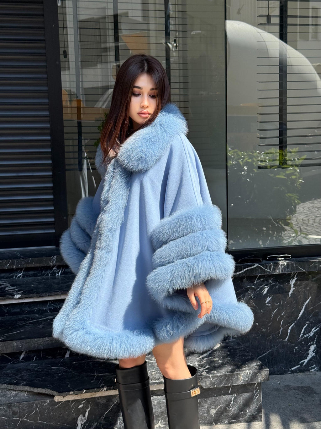 Blue & Green Wool Cashmere Cape Coat with Fox Fur Trim – Luxury Handmade Winter Wrap, Elegant Oversized Shawl Poncho, Plus Size Cloak