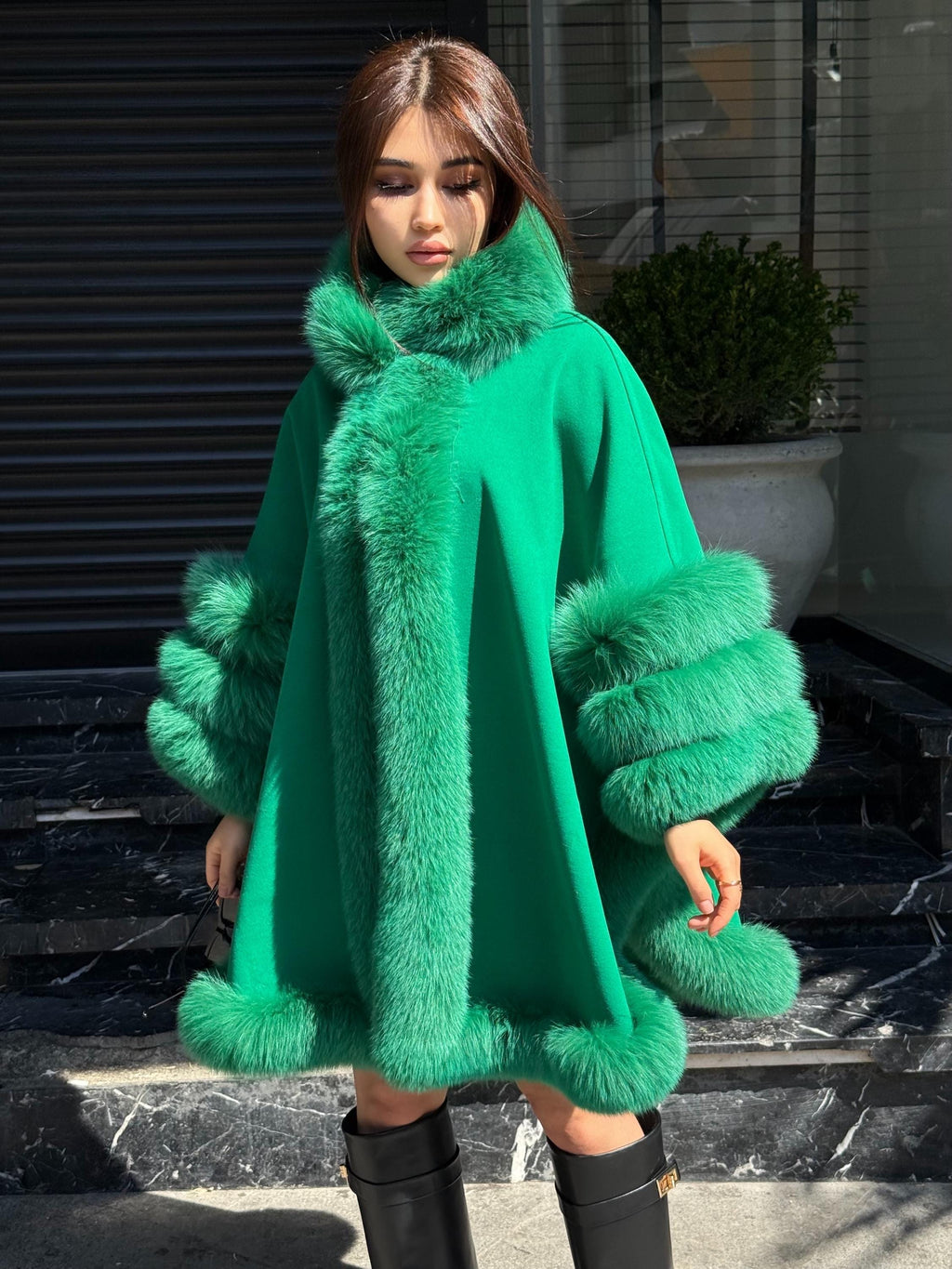 Blue & Green Wool Cashmere Cape Coat with Fox Fur Trim – Luxury Handmade Winter Wrap, Elegant Oversized Shawl Poncho, Plus Size Cloak