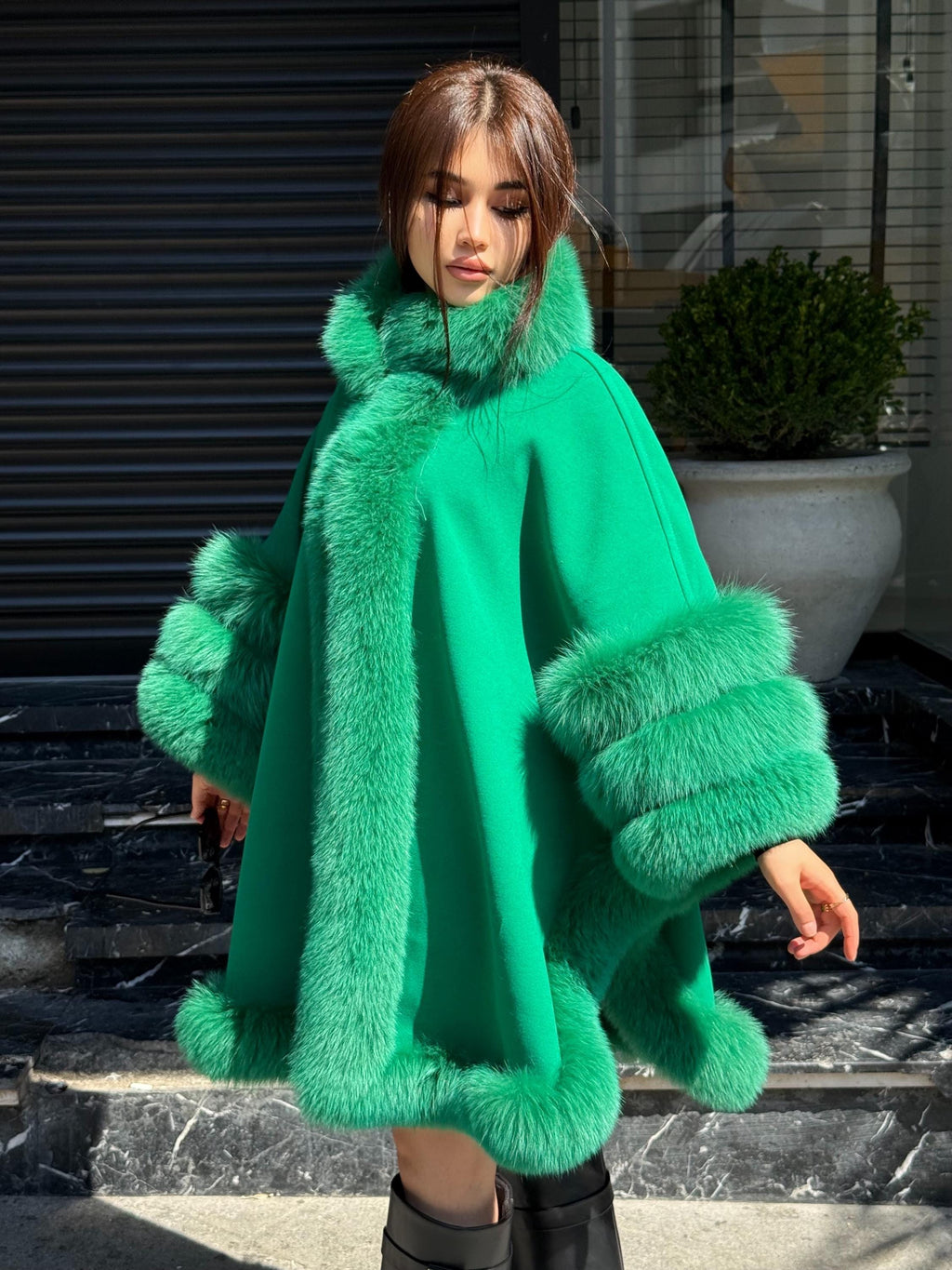 Blue & Green Wool Cashmere Cape Coat with Fox Fur Trim – Luxury Handmade Winter Wrap, Elegant Oversized Shawl Poncho, Plus Size Cloak