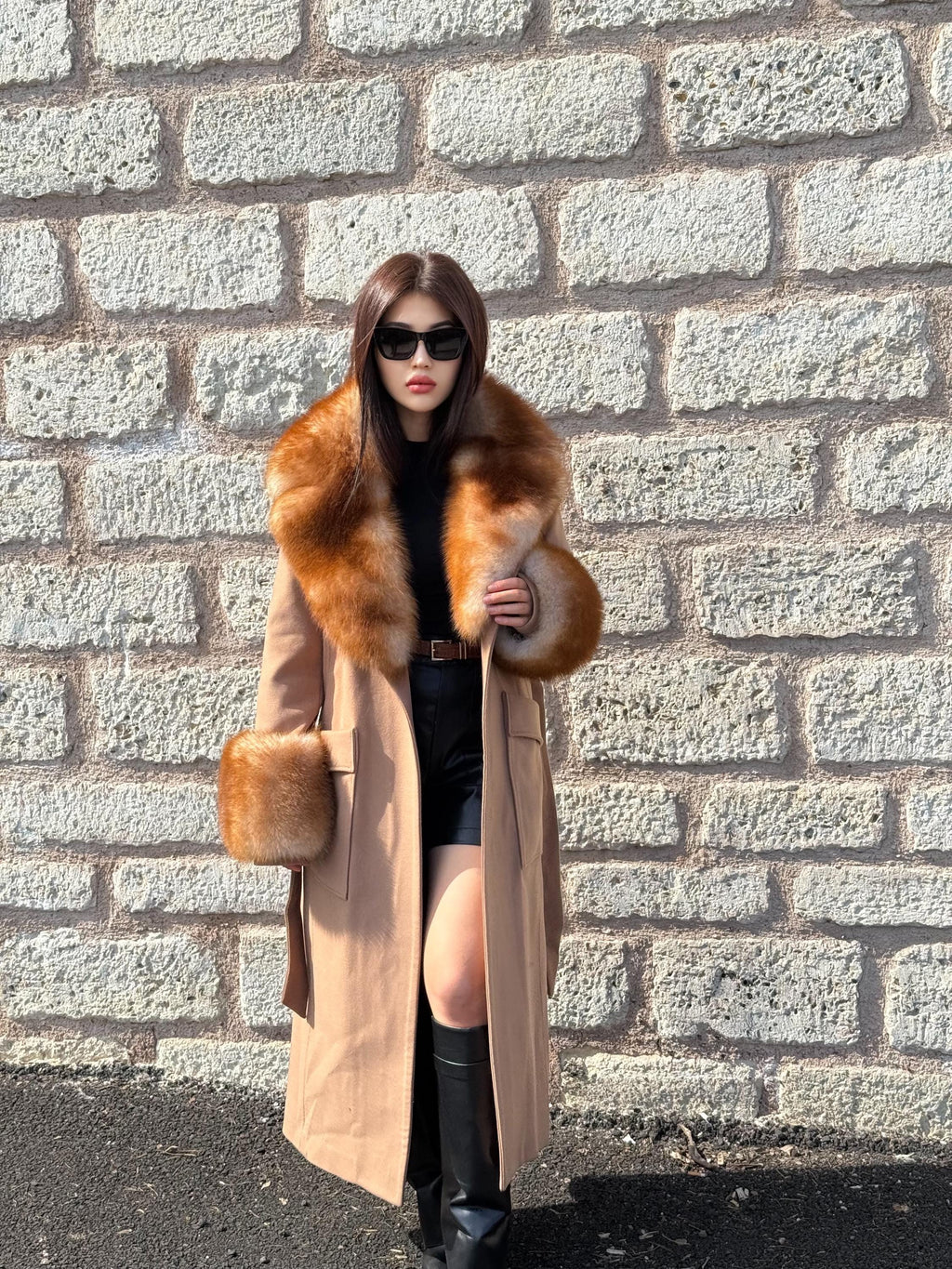 Camel Long Cashmere Collar&Cuffs Huge Fox Fur Coat, Women Fox Fur Jacket. - Camel Fox Fur Jacket -Fox Fur Jacket
