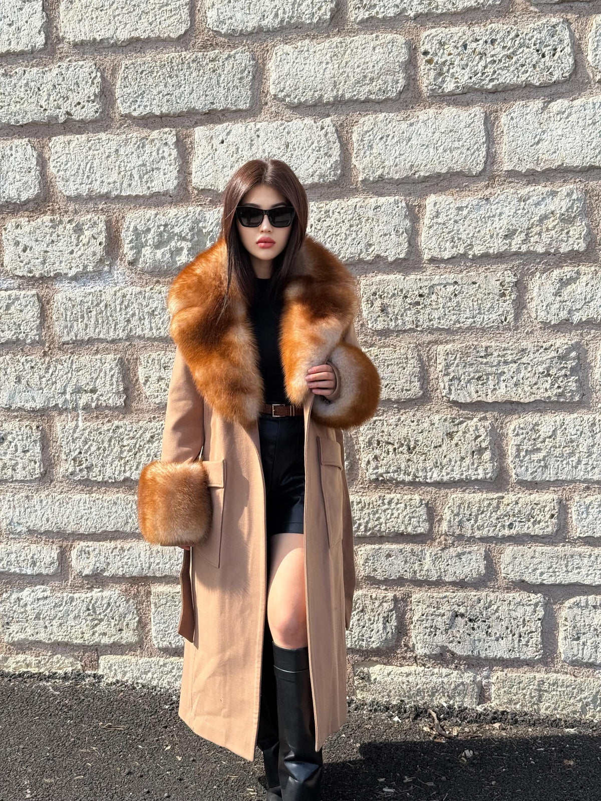 Camel Long Cashmere Collar&Cuffs Huge Fox Fur Coat, Women Fox Fur Jacket. - Camel Fox Fur Jacket -Fox Fur Jacket