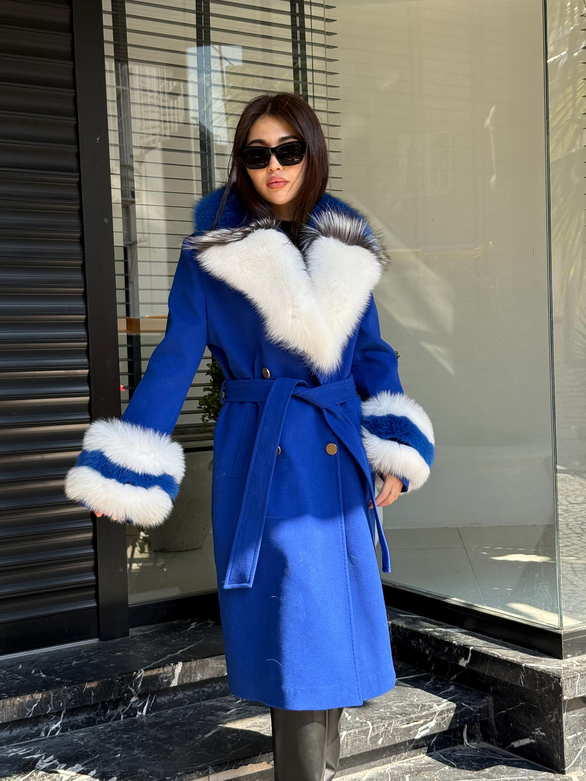 Sax Blue Cashmere Coat With Fox Fur Trim | Collar Cuffs Fox Fur Coat | Handmade Plus Size Long Belted Wool Coat For Women, Fox Fur Coat