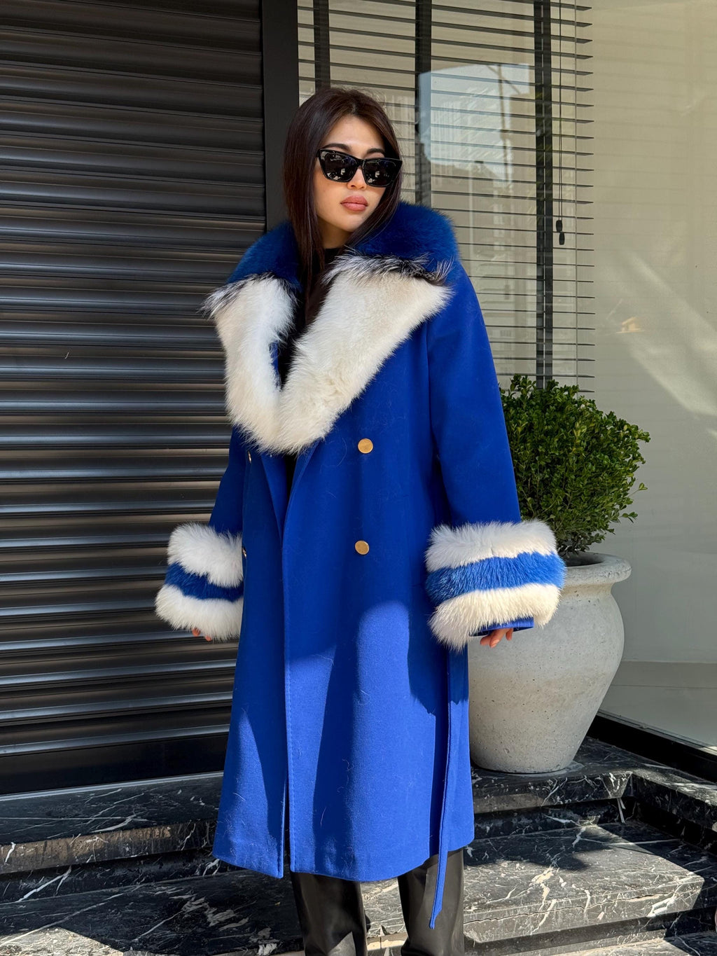 Sax Blue Cashmere Coat With Fox Fur Trim | Collar Cuffs Fox Fur Coat | Handmade Plus Size Long Belted Wool Coat For Women, Fox Fur Coat