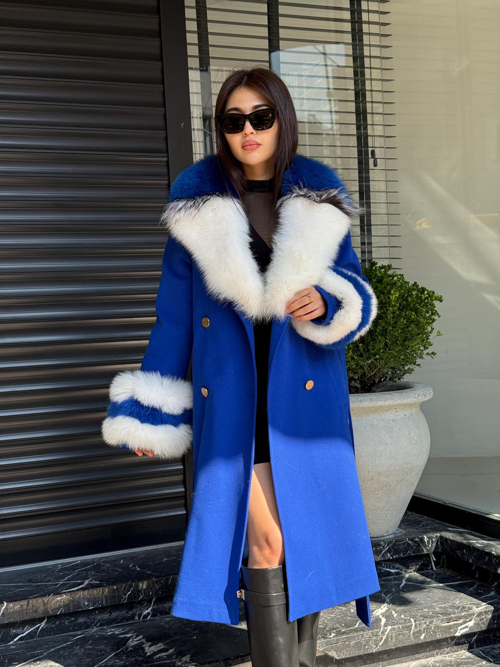 Sax Blue Cashmere Coat With Fox Fur Trim | Collar Cuffs Fox Fur Coat | Handmade Plus Size Long Belted Wool Coat For Women, Fox Fur Coat
