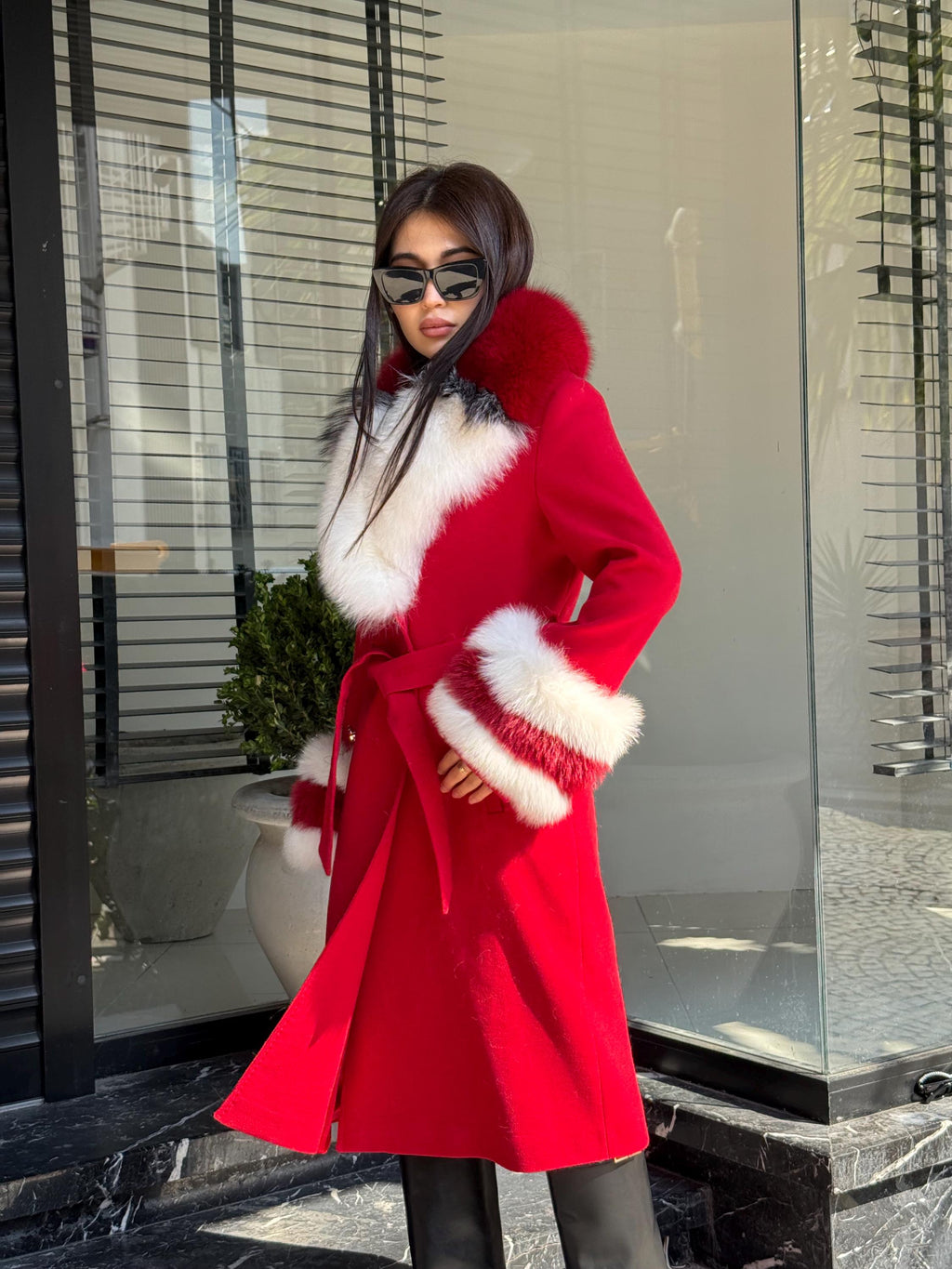 Red Handmade Luxury Women Cashmere Collar Fox Fur Coat | All Colours Available | Long 100 cm Belted Cashmere Coat For Women with Fox Fur