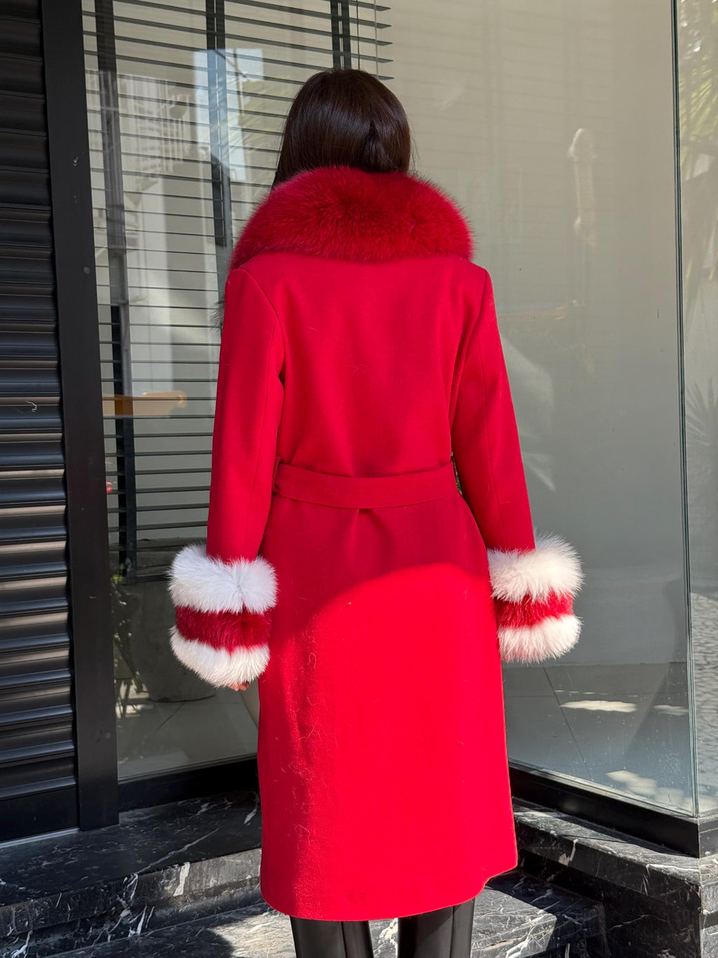 Red Handmade Luxury Women Cashmere Collar Fox Fur Coat | All Colours Available | Long 100 cm Belted Cashmere Coat For Women with Fox Fur