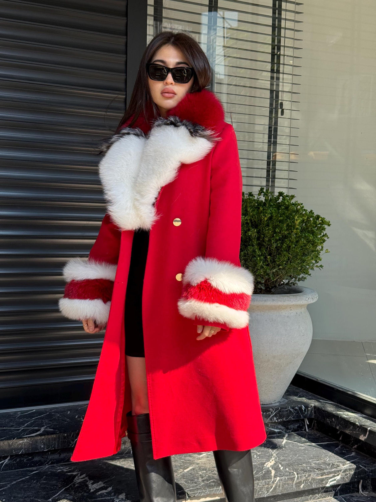 Red Handmade Luxury Women Cashmere Collar Fox Fur Coat | All Colours Available | Long 100 cm Belted Cashmere Coat For Women with Fox Fur