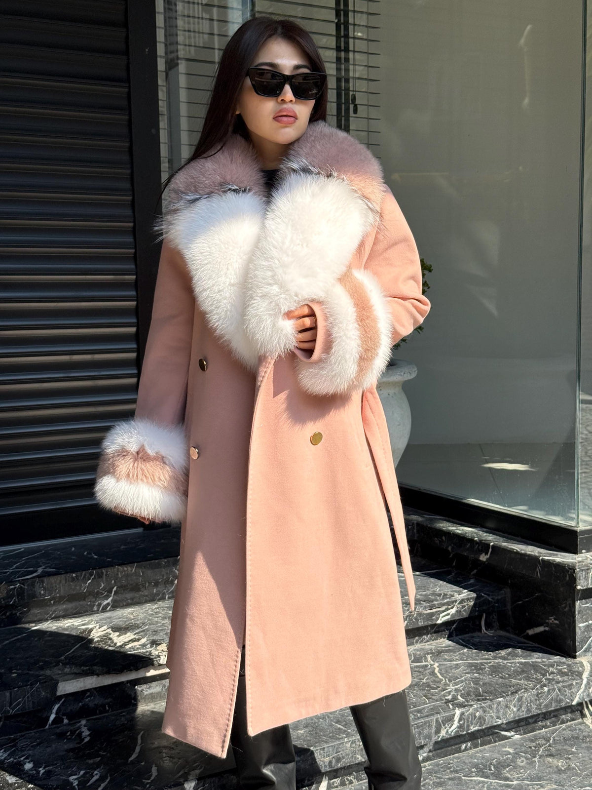 Pink Cashmere Coat With Fox Fur Trim | Luxury Collar cuffs Fox Fur Coat | Handmade Plus Size Long Belted Wool Coat For Women, Fox Fur Coat