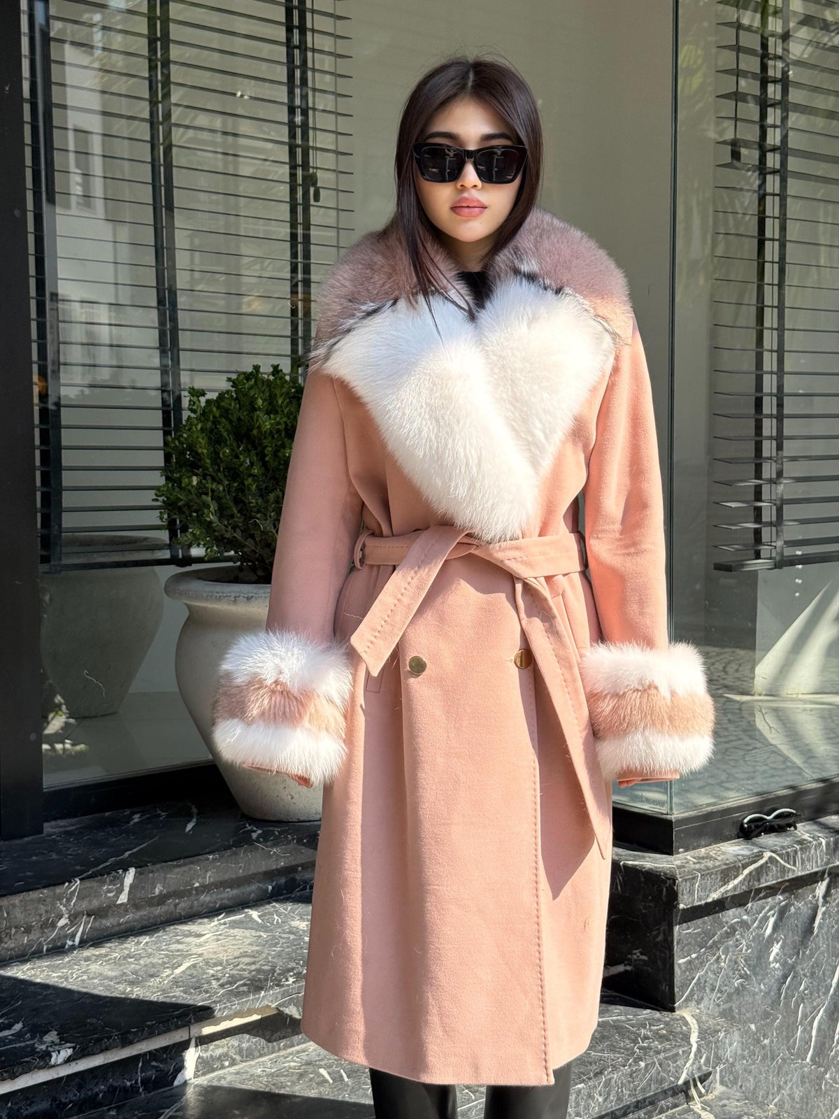 Pink Cashmere Coat With Fox Fur Trim | Luxury Collar cuffs Fox Fur Coat | Handmade Plus Size Long Belted Wool Coat For Women, Fox Fur Coat