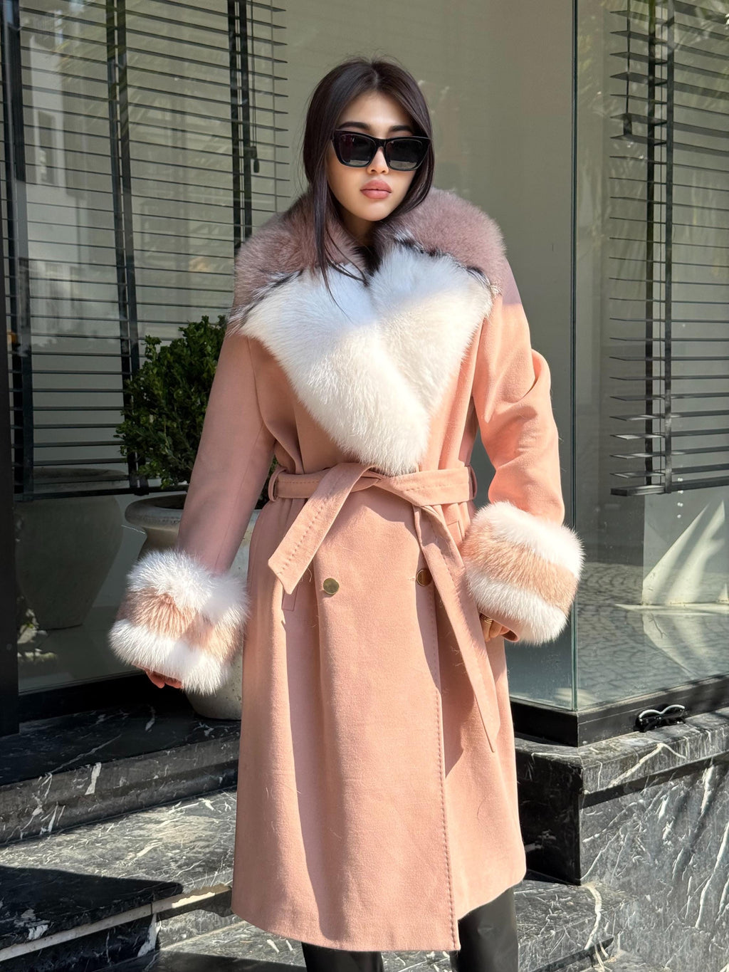 Pink Cashmere Coat With Fox Fur Trim | Luxury Collar cuffs Fox Fur Coat | Handmade Plus Size Long Belted Wool Coat For Women, Fox Fur Coat