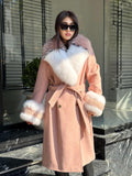 Pink Cashmere Coat With Fox Fur Trim | Luxury Collar cuffs Fox Fur Coat | Handmade Plus Size Long Belted Wool Coat For Women, Fox Fur Coat