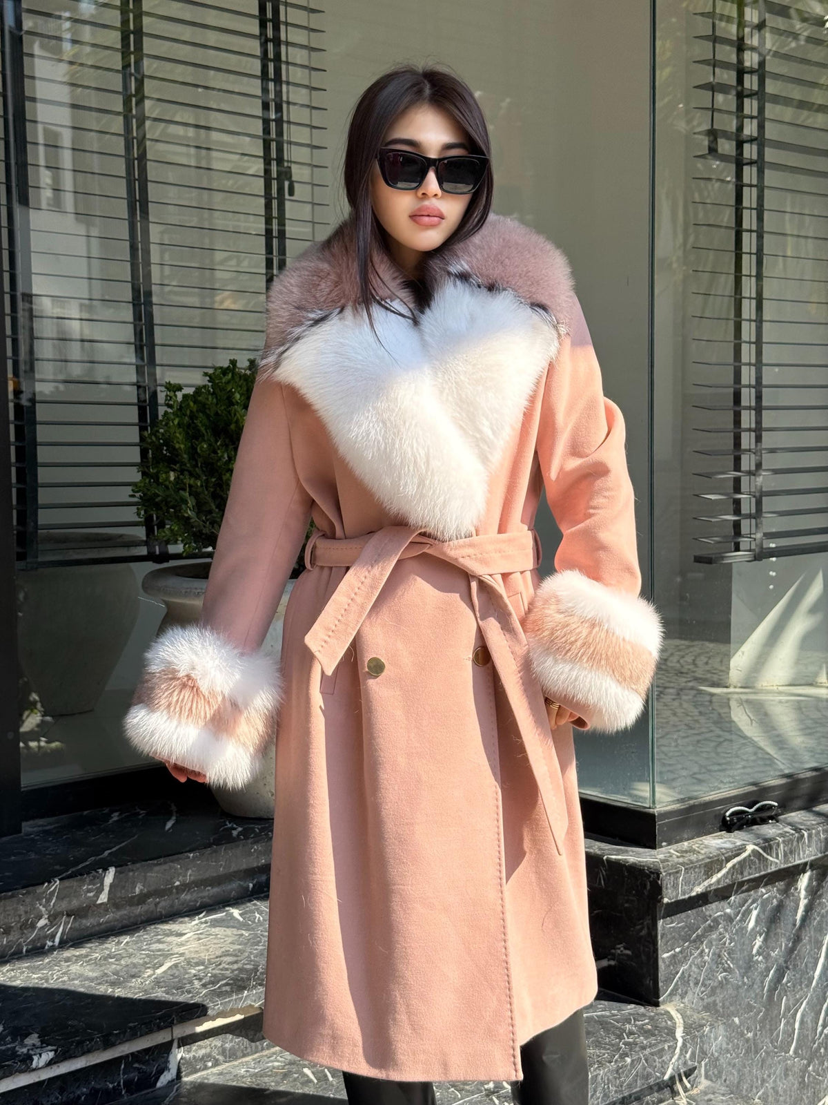 Pink Cashmere Coat With Fox Fur Trim | Luxury Collar cuffs Fox Fur Coat | Handmade Plus Size Long Belted Wool Coat For Women, Fox Fur Coat
