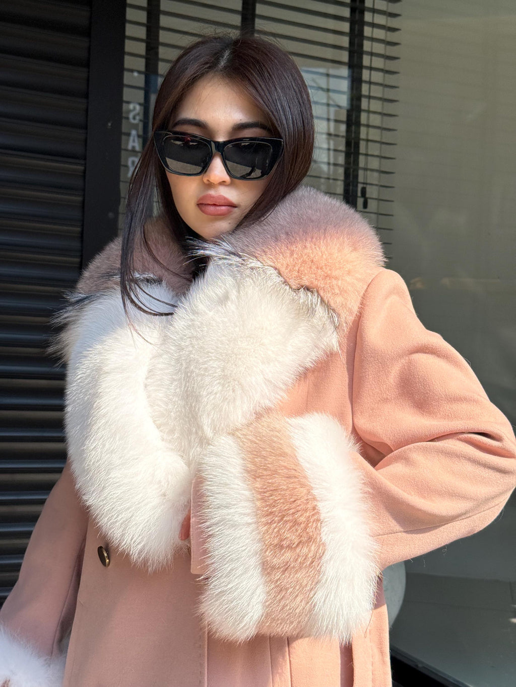 Pink Cashmere Coat With Fox Fur Trim | Luxury Collar cuffs Fox Fur Coat | Handmade Plus Size Long Belted Wool Coat For Women, Fox Fur Coat