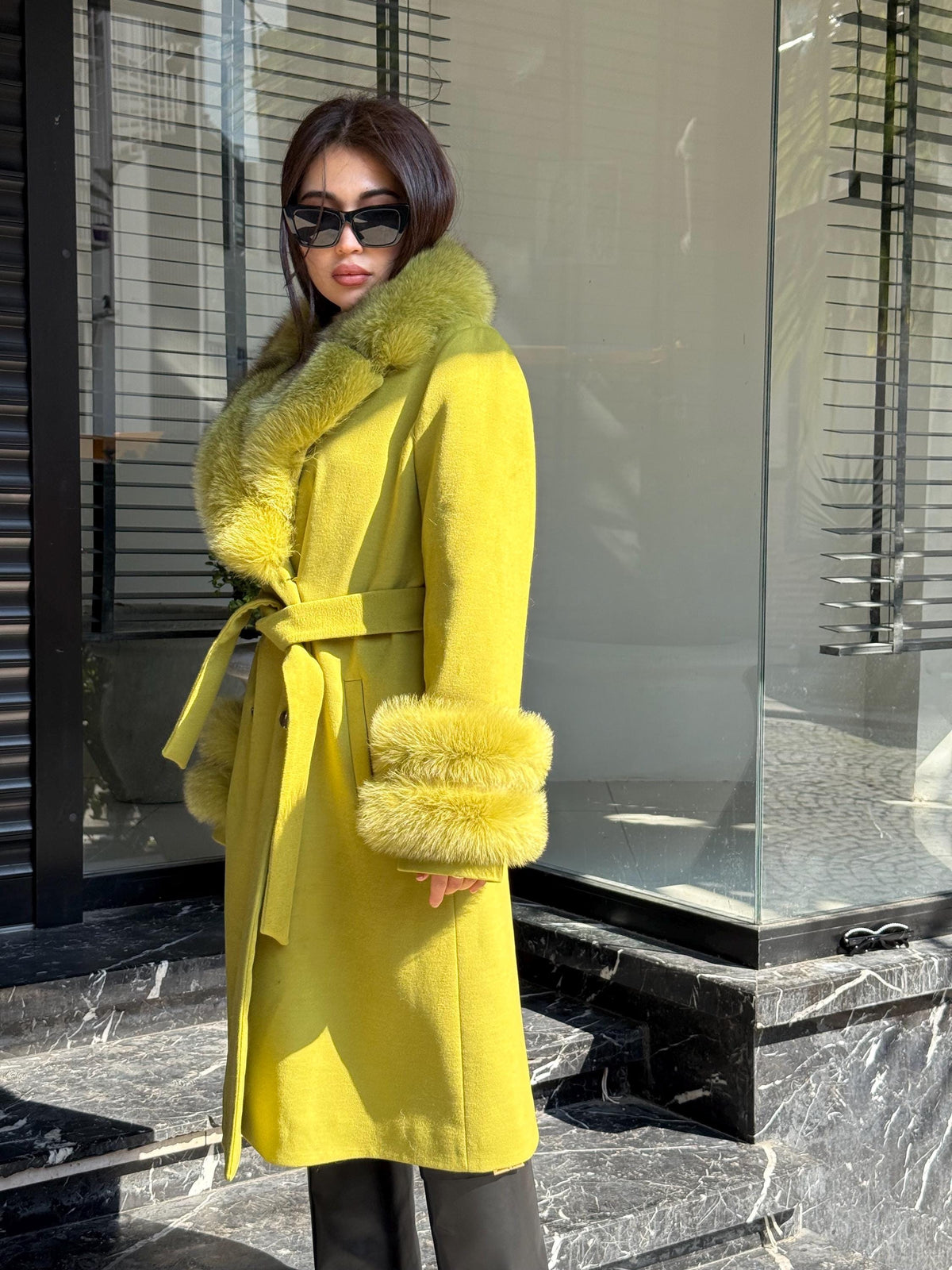Lime Green Cashmere Coat With Fox Fur Trim | Collar Cuffs Fox Fur Coat | Handmade Plus Size Long Belted Wool Coat For Women, Fox Fur Coat