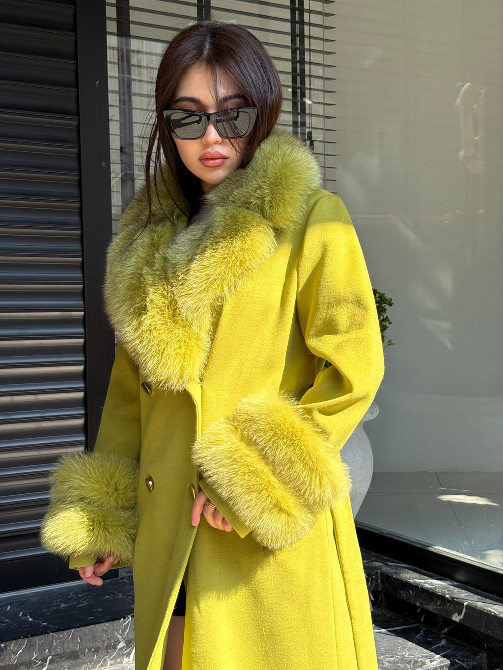 Lime Green Cashmere Coat With Fox Fur Trim | Collar Cuffs Fox Fur Coat | Handmade Plus Size Long Belted Wool Coat For Women, Fox Fur Coat