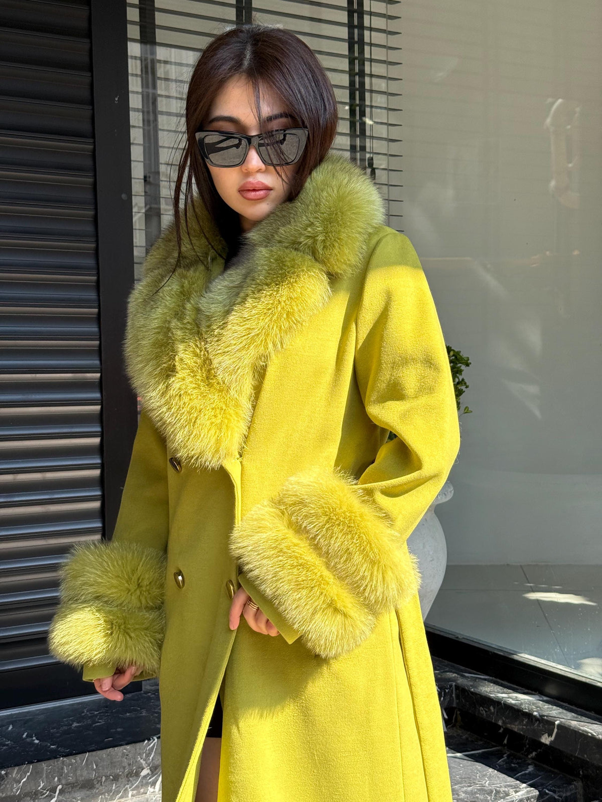 Lime Green Cashmere Coat With Fox Fur Trim | Collar Cuffs Fox Fur Coat | Handmade Plus Size Long Belted Wool Coat For Women, Fox Fur Coat