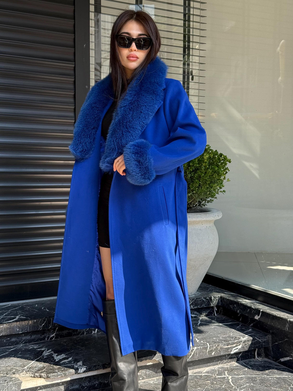 Sax Blue Luxury Cashmere Coat With Fox Fur Trim | Collar Cuffs Fox Fur Coat | Handmade Long Belted Wool Coat For Women, Fox Fur Coat