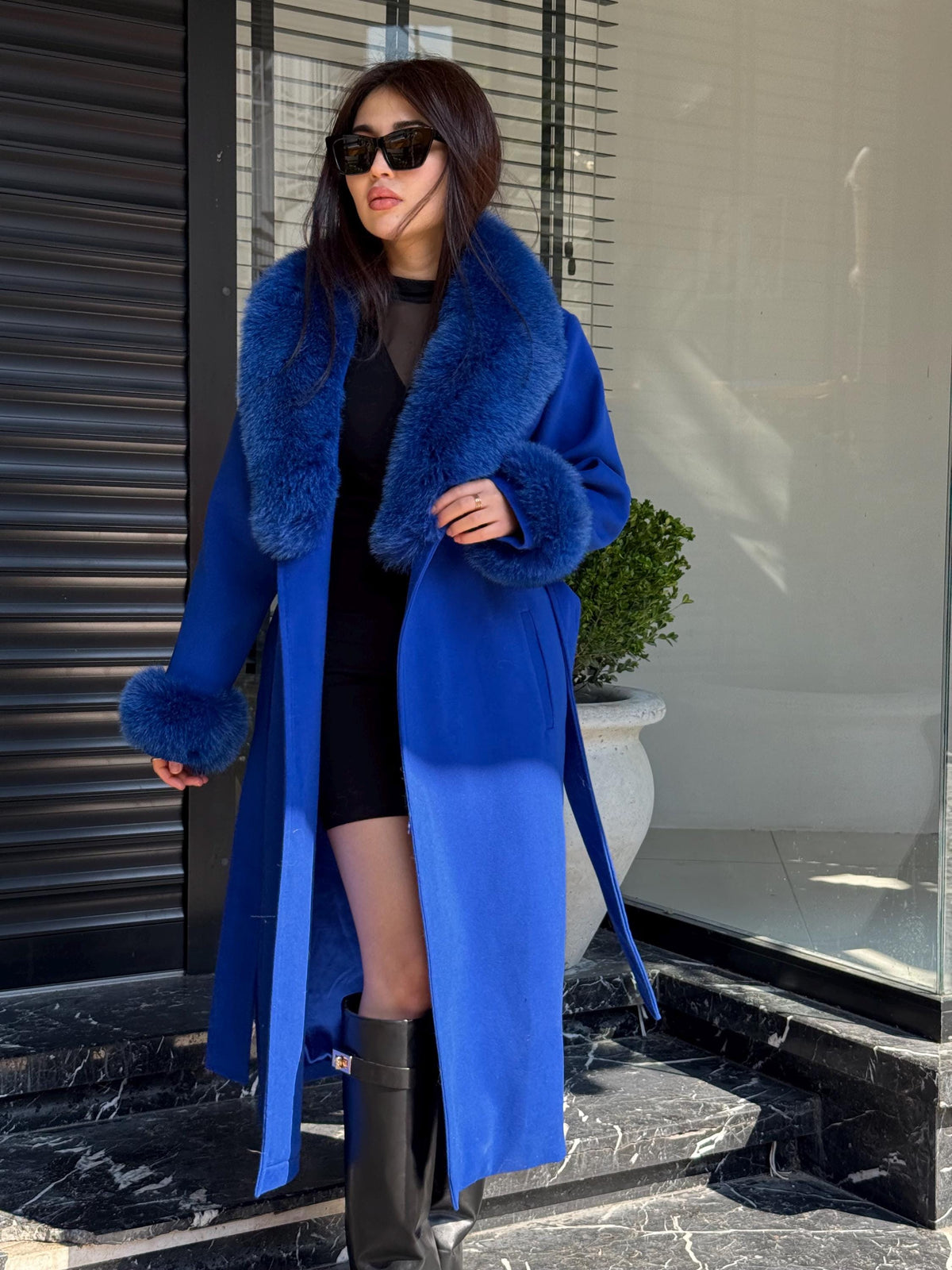 Sax Blue Luxury Cashmere Coat With Fox Fur Trim | Collar Cuffs Fox Fur Coat | Handmade Long Belted Wool Coat For Women, Fox Fur Coat