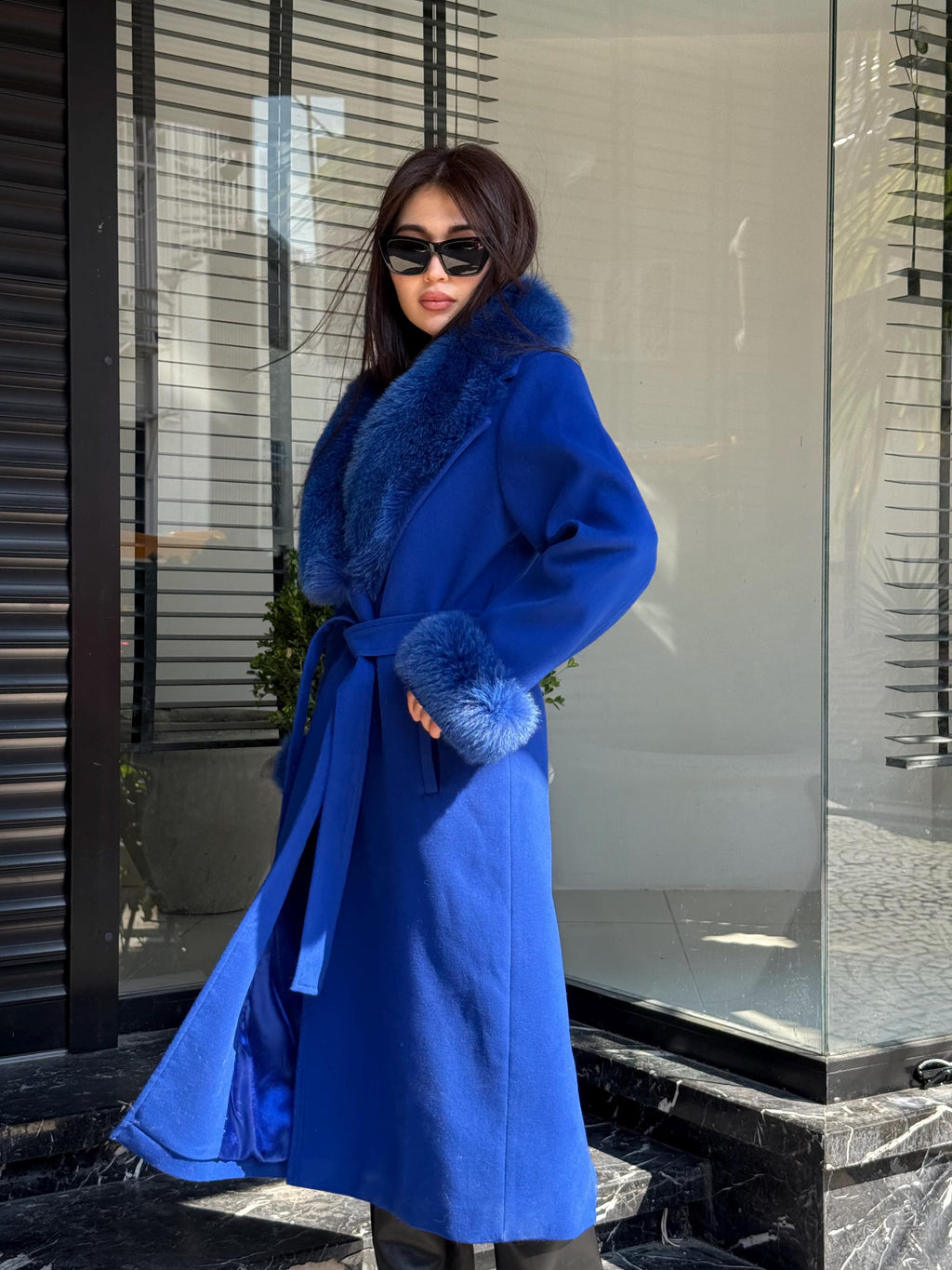 Sax Blue Luxury Cashmere Coat With Fox Fur Trim | Collar Cuffs Fox Fur Coat | Handmade Long Belted Wool Coat For Women, Fox Fur Coat