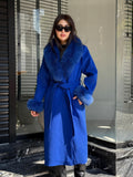 Sax Blue Luxury Cashmere Coat With Fox Fur Trim | Collar Cuffs Fox Fur Coat | Handmade Long Belted Wool Coat For Women, Fox Fur Coat