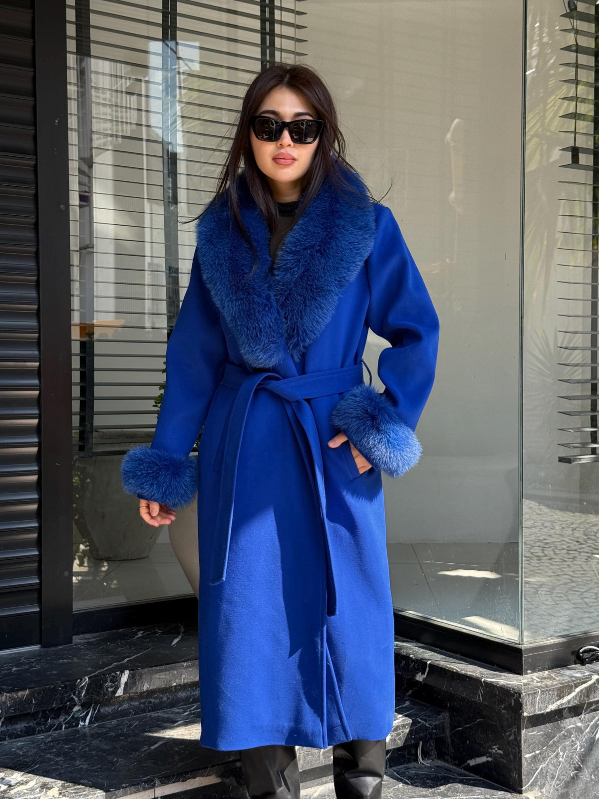 Sax Blue Luxury Cashmere Coat With Fox Fur Trim | Collar Cuffs Fox Fur Coat | Handmade Long Belted Wool Coat For Women, Fox Fur Coat